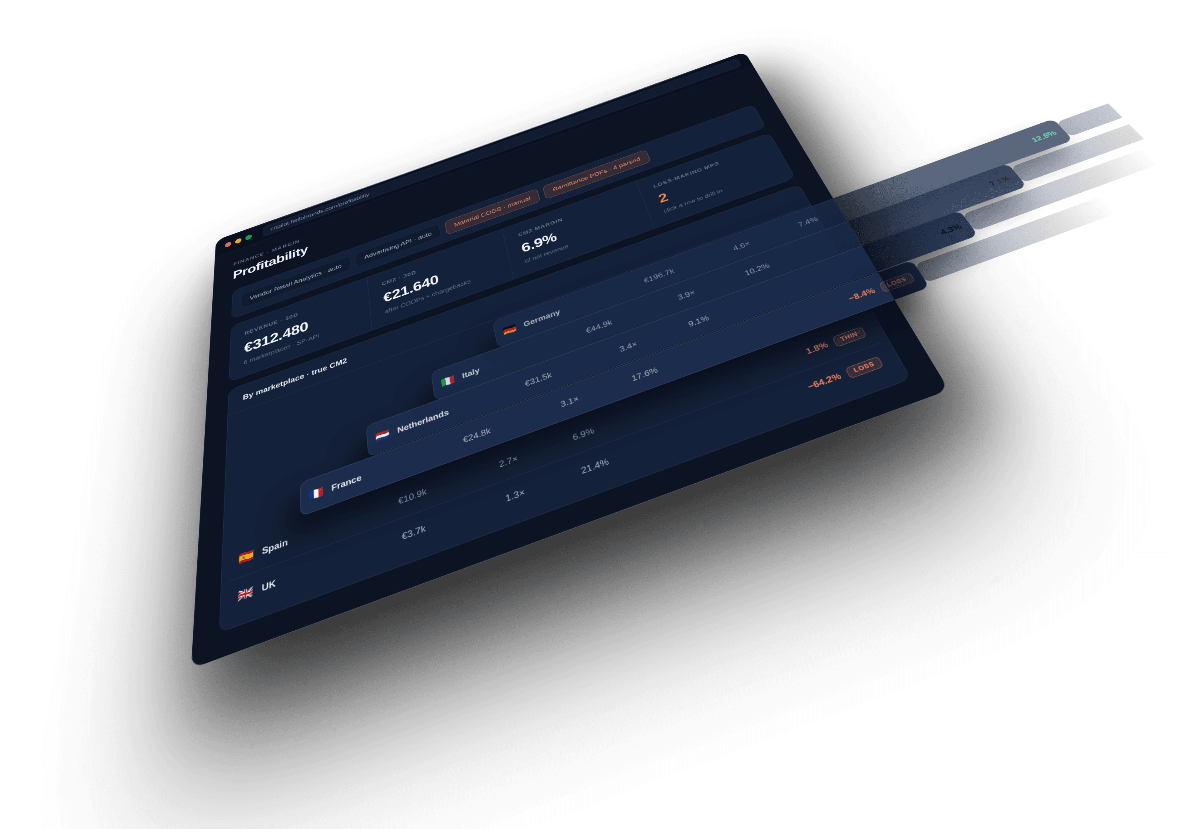 Hello Brands Copilot profitability view: true CM2 margin per marketplace with loss-making markets flagged